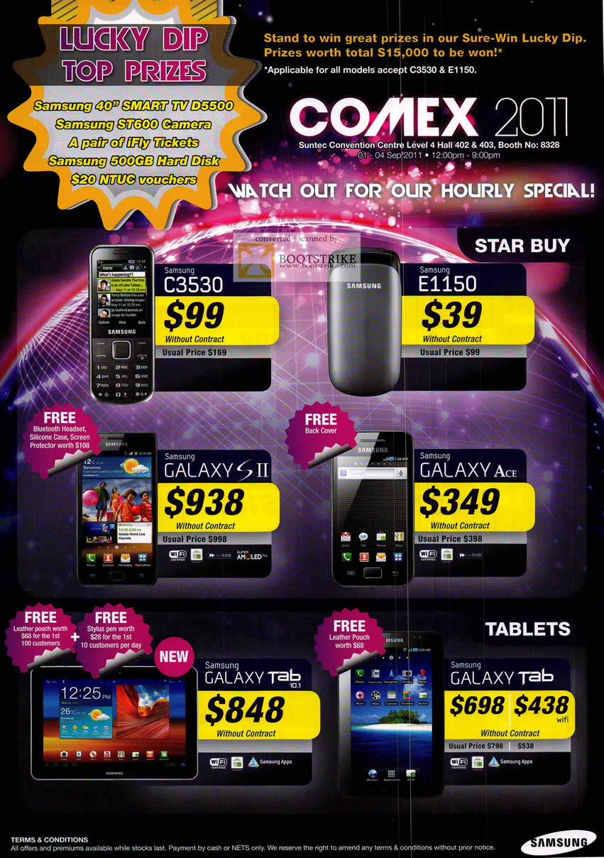 COMEX 2011 price list image brochure of Samsung Mobile Phones C3530 E1150 Galaxy S II Ace Tab 10.1 Tablet Smartphone