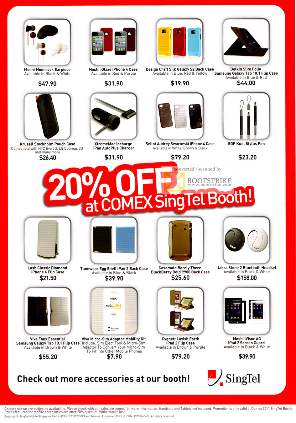 COMEX 2011 price list image brochure of Singtel Accessories Moshi Moonrock Earpiece IPhone 4 Case Design Crat Belkin Slim Folio Kruseli XtremeMac Sellot SGP Lush Tunewear Casemate Jabra Viva Cygnett