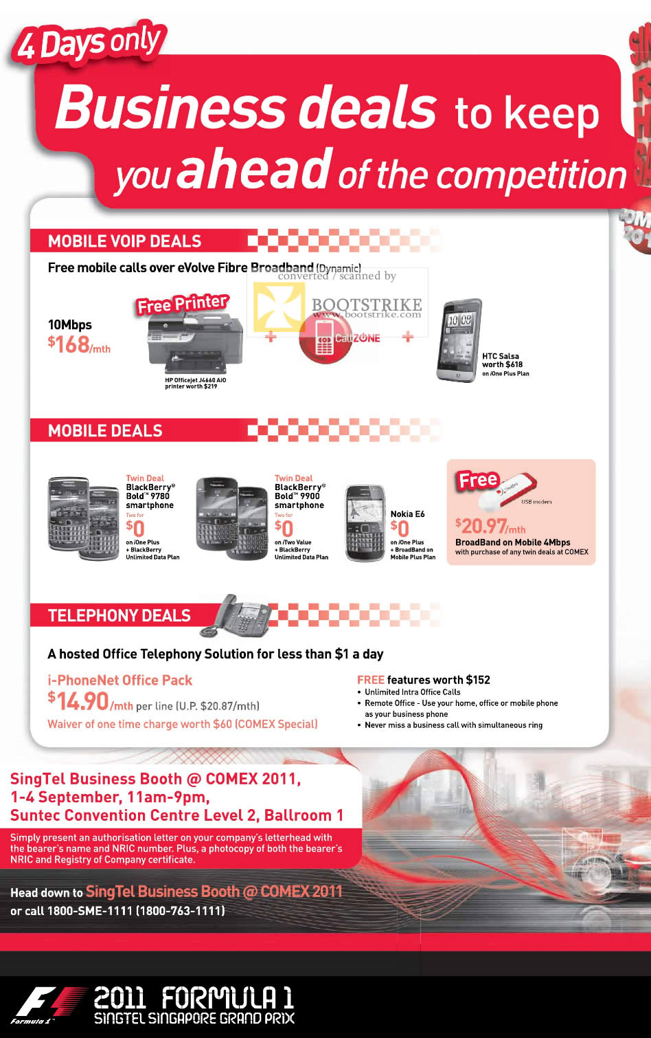 COMEX 2011 price list image brochure of Singtel Business Mobile VOIP Free HP Officejet J4660 AIO Printer HTC Salsa Callzone Blackberry Bold 9780 9900 Nokia E6 Telephony I-PhoneNet Office