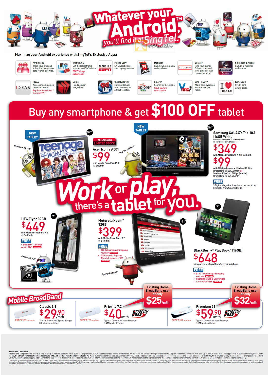 COMEX 2011 price list image brochure of Singtel Mobile Acer Iconia A501 Samsung Galaxy Tab 10.1 HTC Flyer 32GB Motorola Xoom BlackBerry Playbook