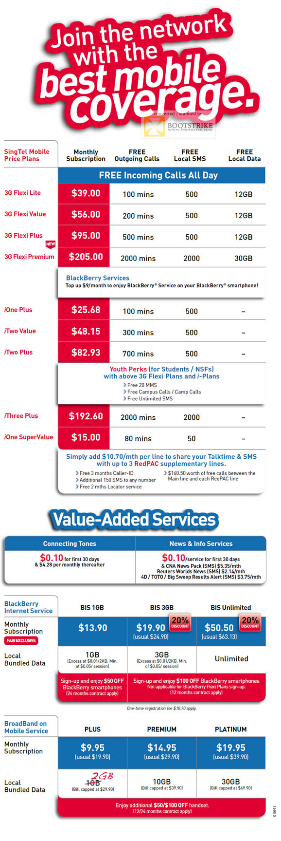 COMEX 2011 price list image brochure of Singtel Mobile Price Plans 3G Flexi Lite Value Plus Premium IOne ITwo IThree SuperValue BlackBerry Broadband On Mobile