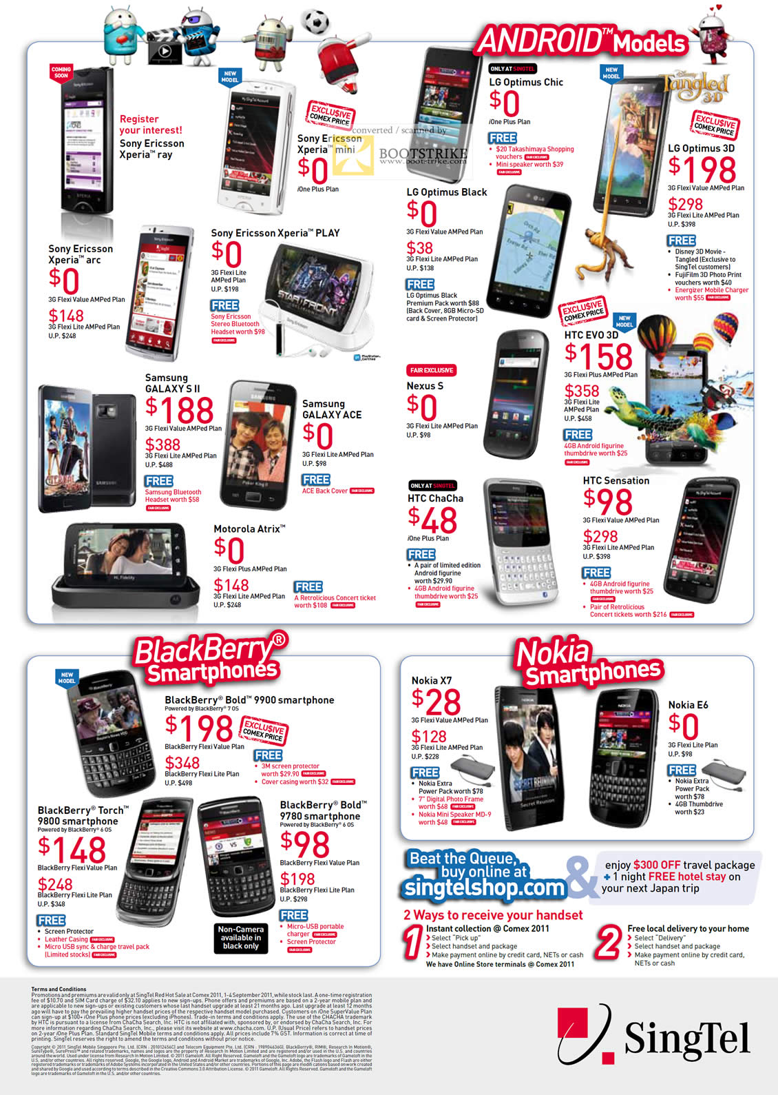 COMEX 2011 price list image brochure of Singtel Mobile Sony Ericsson Xperia Ray Mini Play Arc Samsung Galaxy S II Ace Atrix LG Optimus Chic 3D Black HTC Evo 3D Sensation ChaCha BlackBerry 9900 Torch 9800 9780 Nokia X7 E6