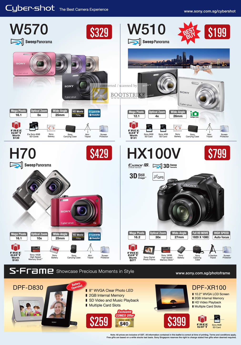 COMEX 2011 price list image brochure of Sony Digital Cameras Cybershot DSC W570 W510 HX100V H70 S-Frame DPF-D830 DPF-XR100