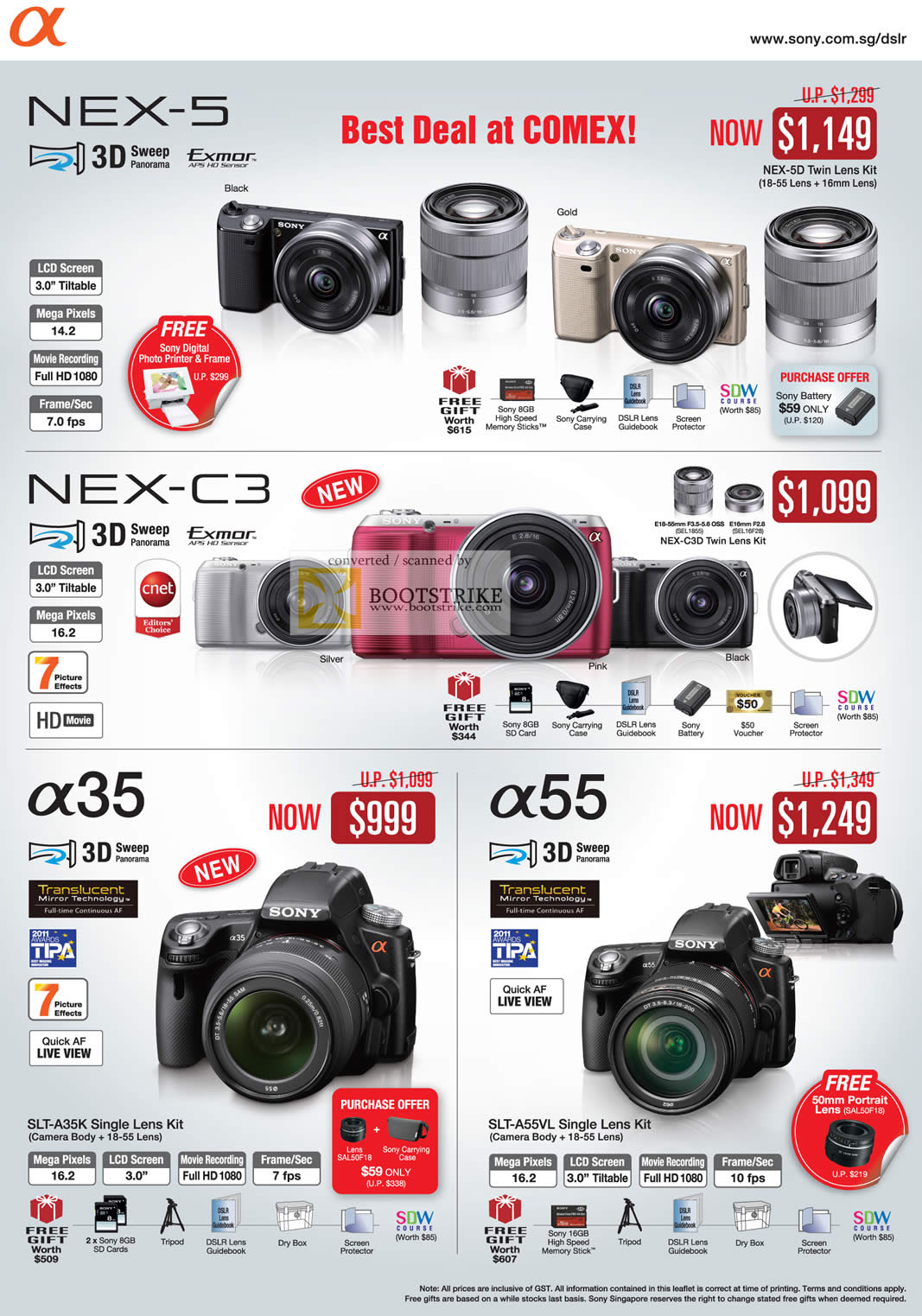 COMEX 2011 price list image brochure of Sony Digital Cameras DSLR Alpha NEX-5 NEX-C3 A35 A55