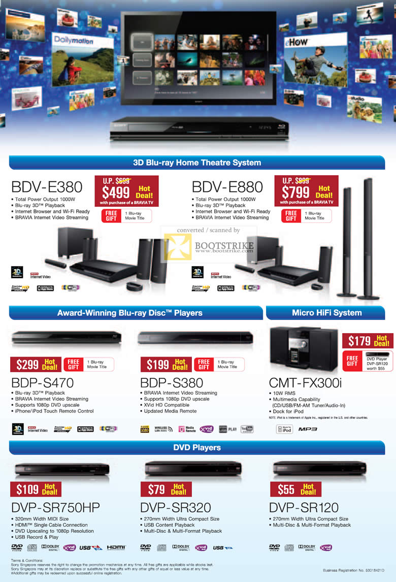 COMEX 2011 price list image brochure of Sony Home Theatre System 3D Blu-Ray BDV E380 E880 BDP S470 S380 CMT-FX300i DVD Players DVP SR750HP SR320 SR120