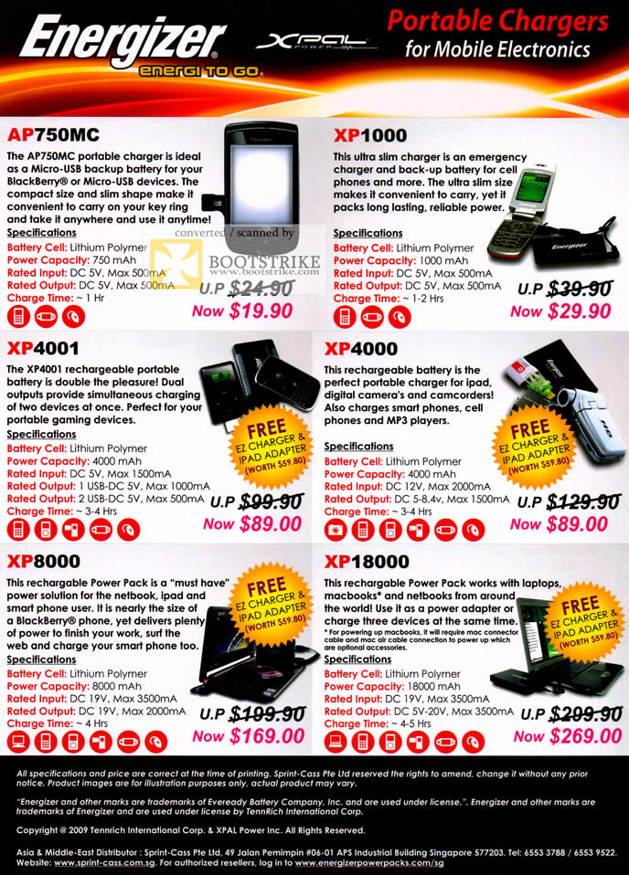 COMEX 2011 price list image brochure of Sprint Cass Energizer Xpal Charger AP750MC XP1000 XP4001 XP4000 XP8000 XP18000