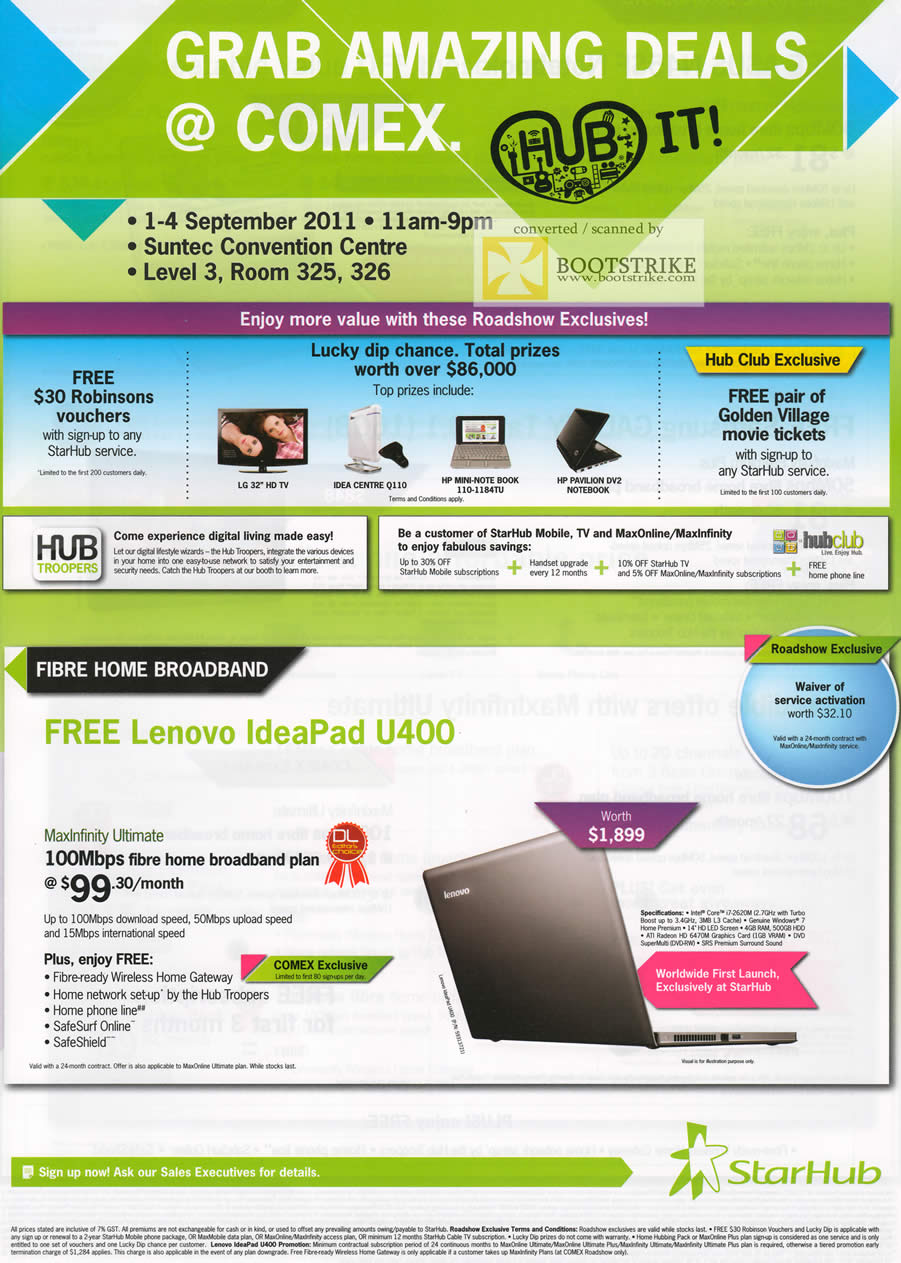 COMEX 2011 price list image brochure of Starhub Fibre Home Broadband Maxinfinity Ultimate Lenovo Ideapad U400 Notebook Robinsons Vouchers Golden Village Tickets