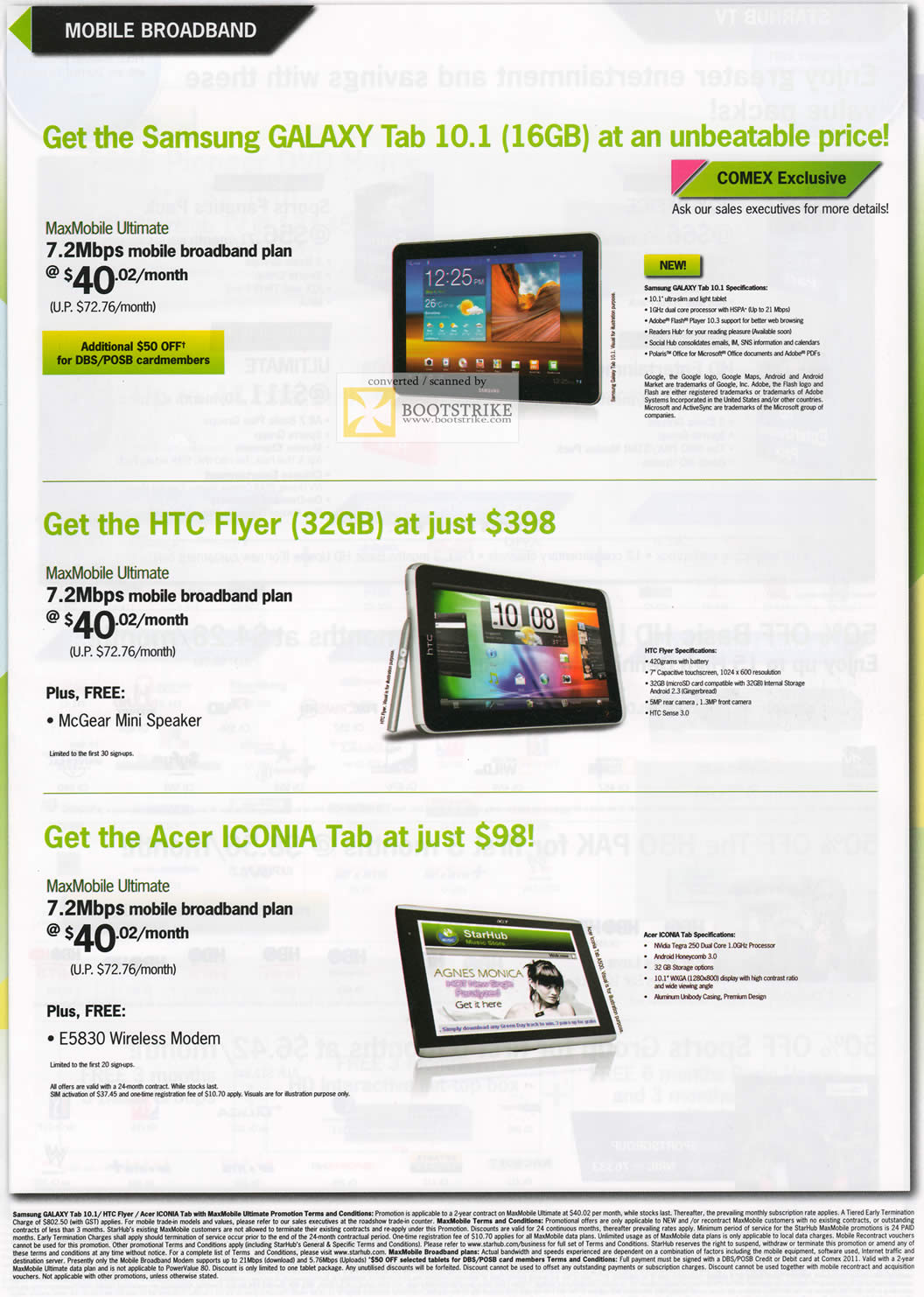 COMEX 2011 price list image brochure of Starhub Mobile Broadband MaxMobile Ultimate Samsng Galaxy Tab 10.1 HTC Flyer Acer Iconia Tab