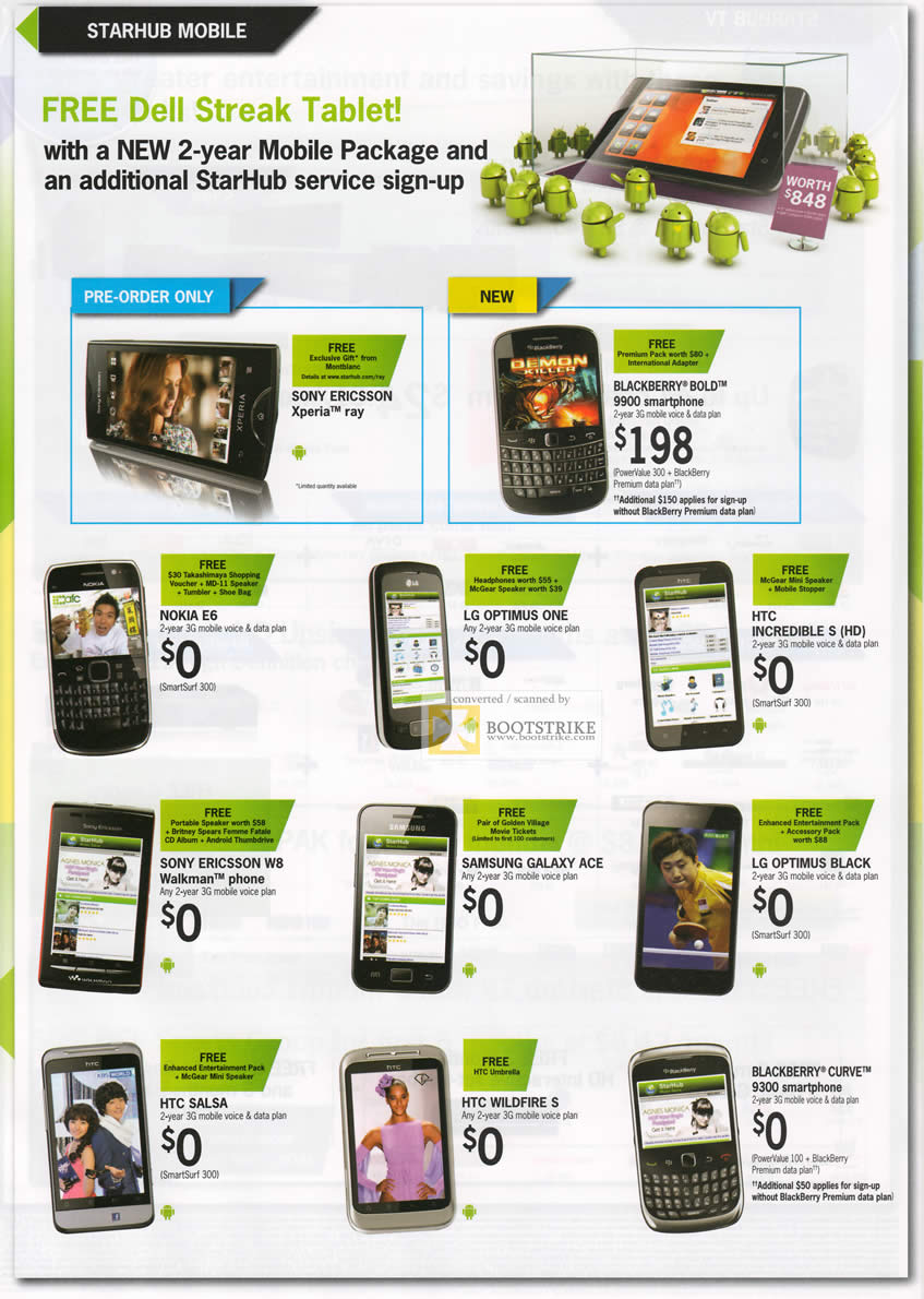 COMEX 2011 price list image brochure of Starhub Mobile Free Dell Streak Tablet Sony Ericsson Xperia Ray Blackberry Bold 9900 Curve 9300 Nokia E6 LG Optimus One Black HTC Incredible S Salsa Wildfire S W8 Walkman Samsung Galaxy Ace