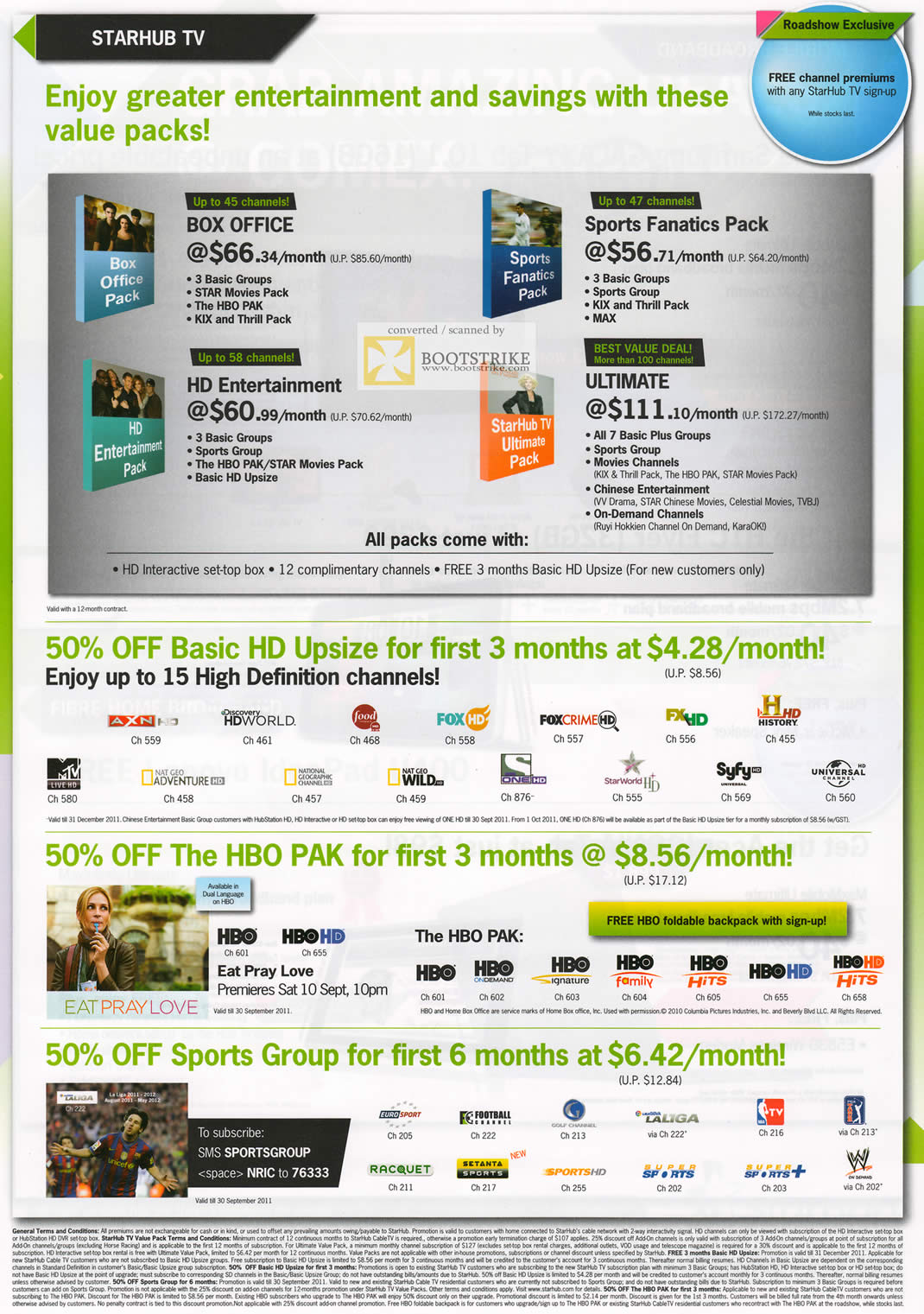 COMEX 2011 price list image brochure of Starhub TV Box Office Sports Fanatics Pack HD Entertainment Ultimate Upsize HBO Pak Sports Group