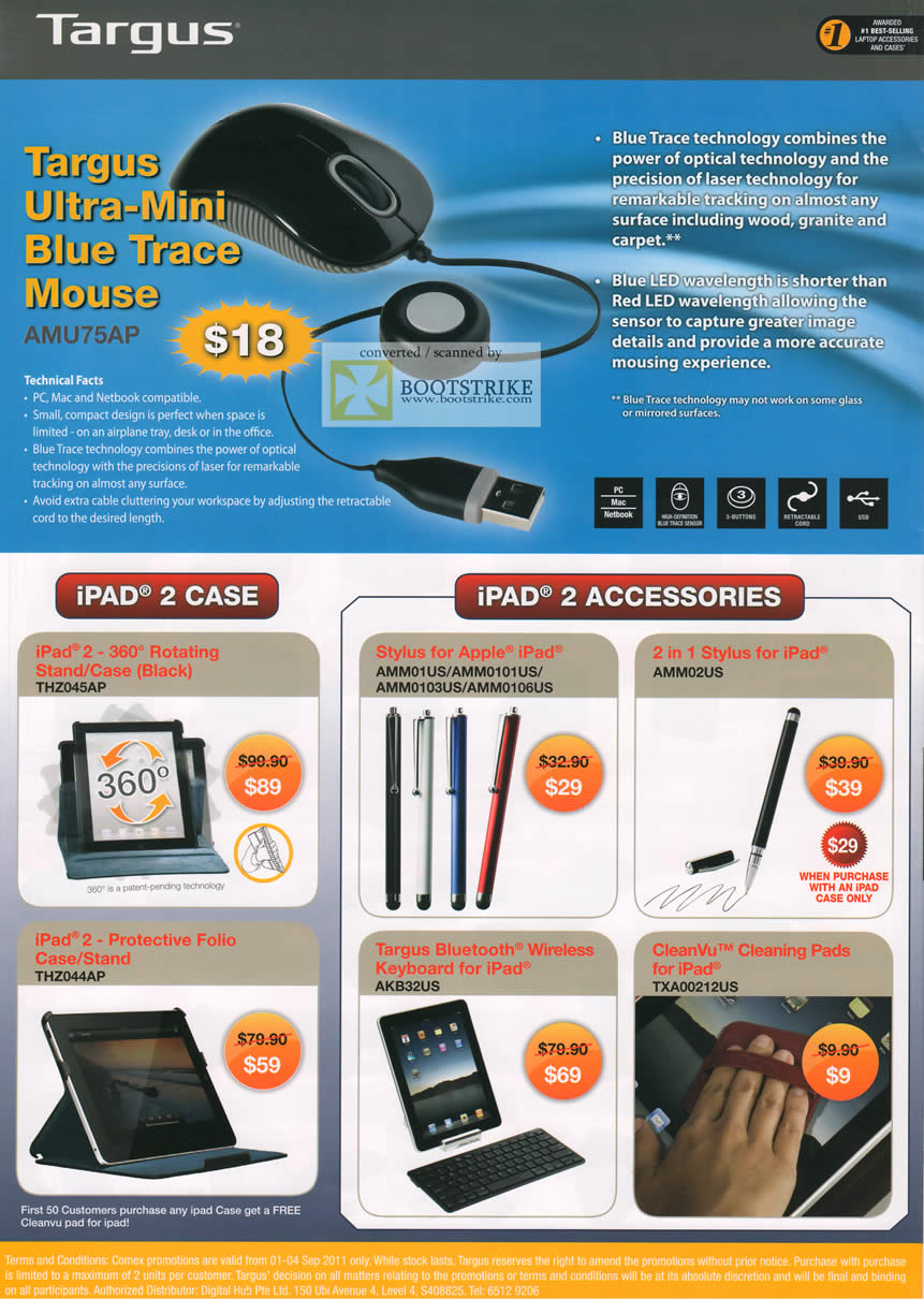 COMEX 2011 price list image brochure of Targus Ultra Mini Blu Trace Mouse LED IPad 2 Case Stylus Keyaord Folio Case CleanVu Cleaning Pads