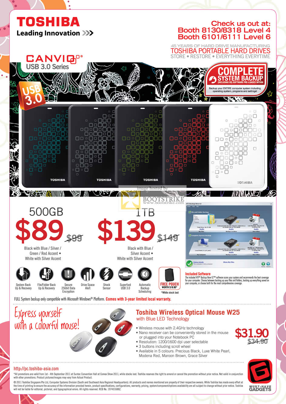 COMEX 2011 price list image brochure of Toshiba External Storage Canvio USB3 500GB 1TB Mouse W25 LED