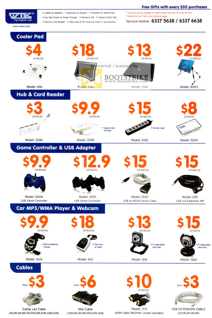 COMEX 2011 price list image brochure of Vztec Accessories Cooler Pads USB Hub Card Reader Game Controller USB Adapter Car MP3 Player Webcam Cables