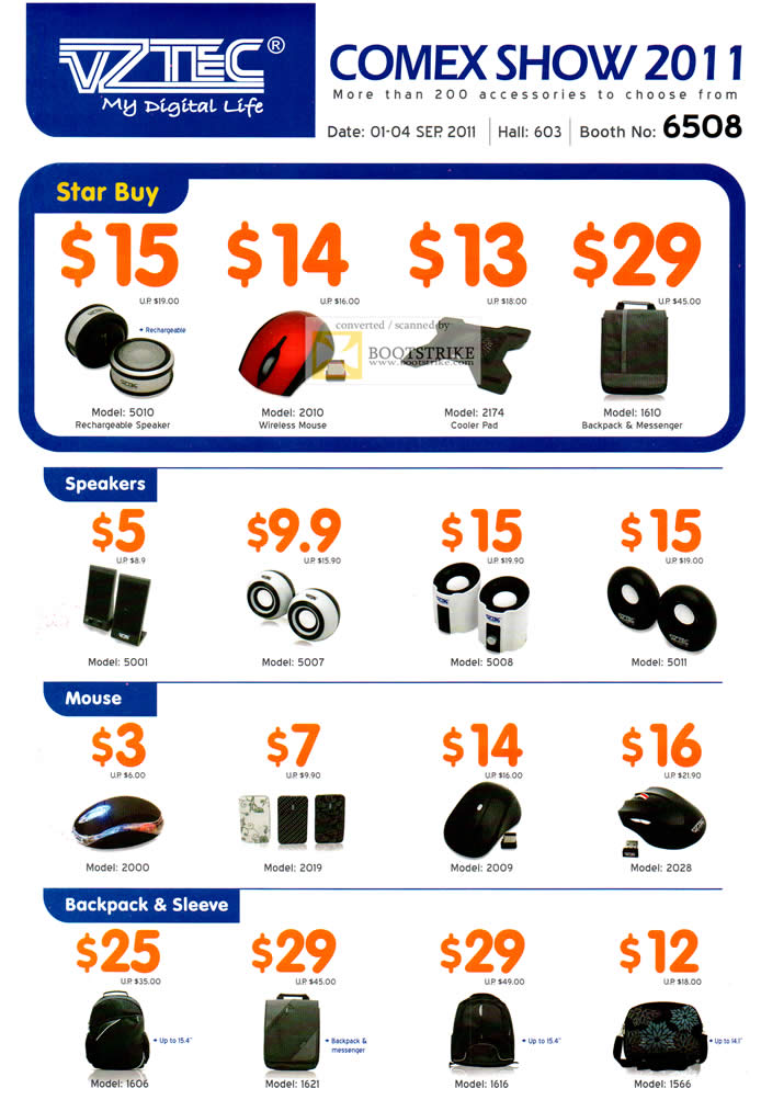 COMEX 2011 price list image brochure of Vztec Accessories Speakers Mouse Rechargeable Speakers Cooler Pad Backpack Sleeve