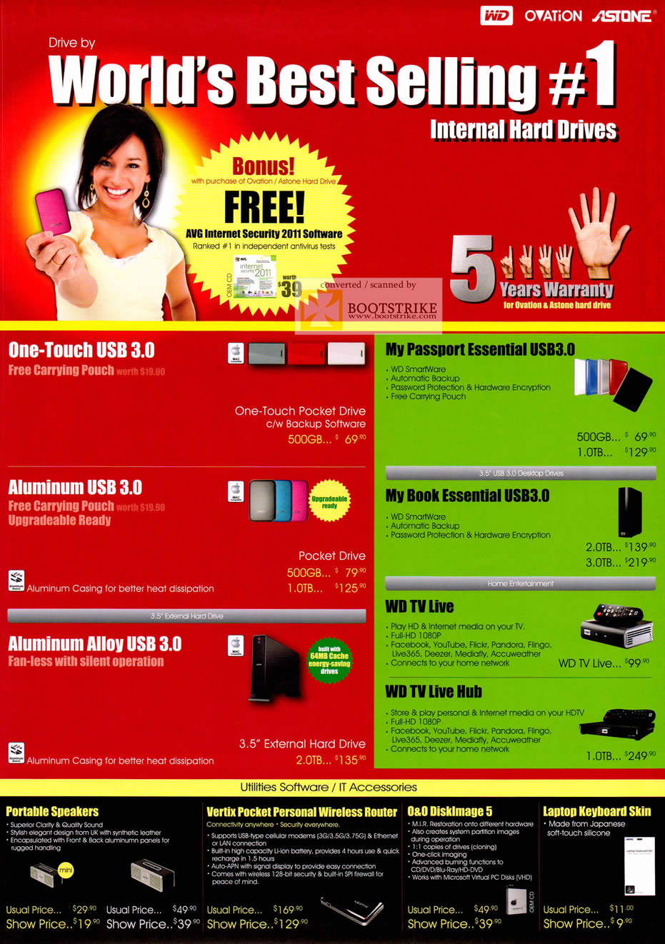 COMEX 2011 price list image brochure of Western Digital Ovation My Passport Essential USB3 My Book Ont Touch TV Live Hub Speakers DiskImage 5 Vertix Personal Router