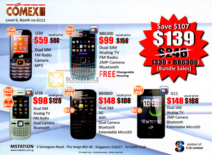 COMEX 2011 price list image brochure of Yun Loong Mobile Phones Mstation I330 BB6300 M38 BB9800 G11 TV 3G Wifi FM Radio Dual SIM