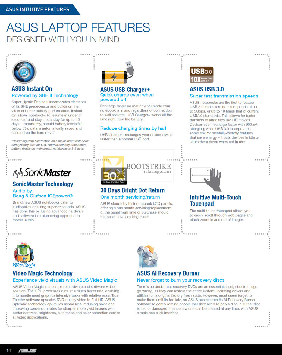 COMEX 2012 price list image brochure of ASUS Notebooks Features Instant On, USB, Bright Dot Return, Video Magic Technology, AI Recovery Burner