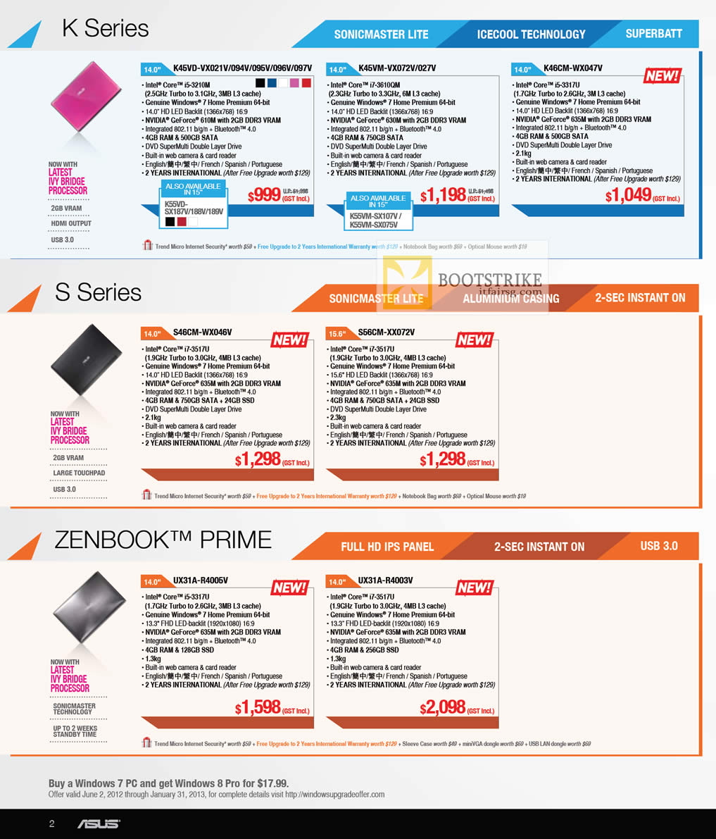 COMEX 2012 price list image brochure of ASUS Notebooks K Series K45VD K45VM K46CM, S Series S46CM S56CM, Zenbook Prime UX31A-R4005V, UX31A-R4003V