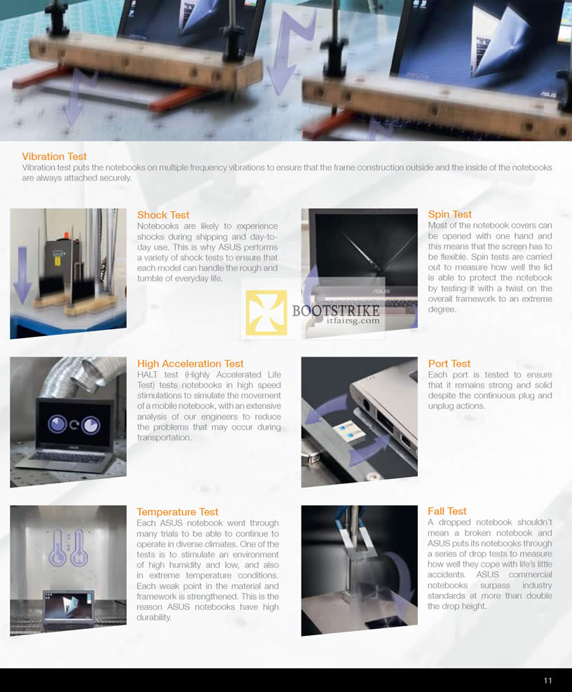 COMEX 2012 price list image brochure of ASUS Notebooks Quality Tests Vibration, Shock, Spin, High Acceleration, Port, Termperature, Fall