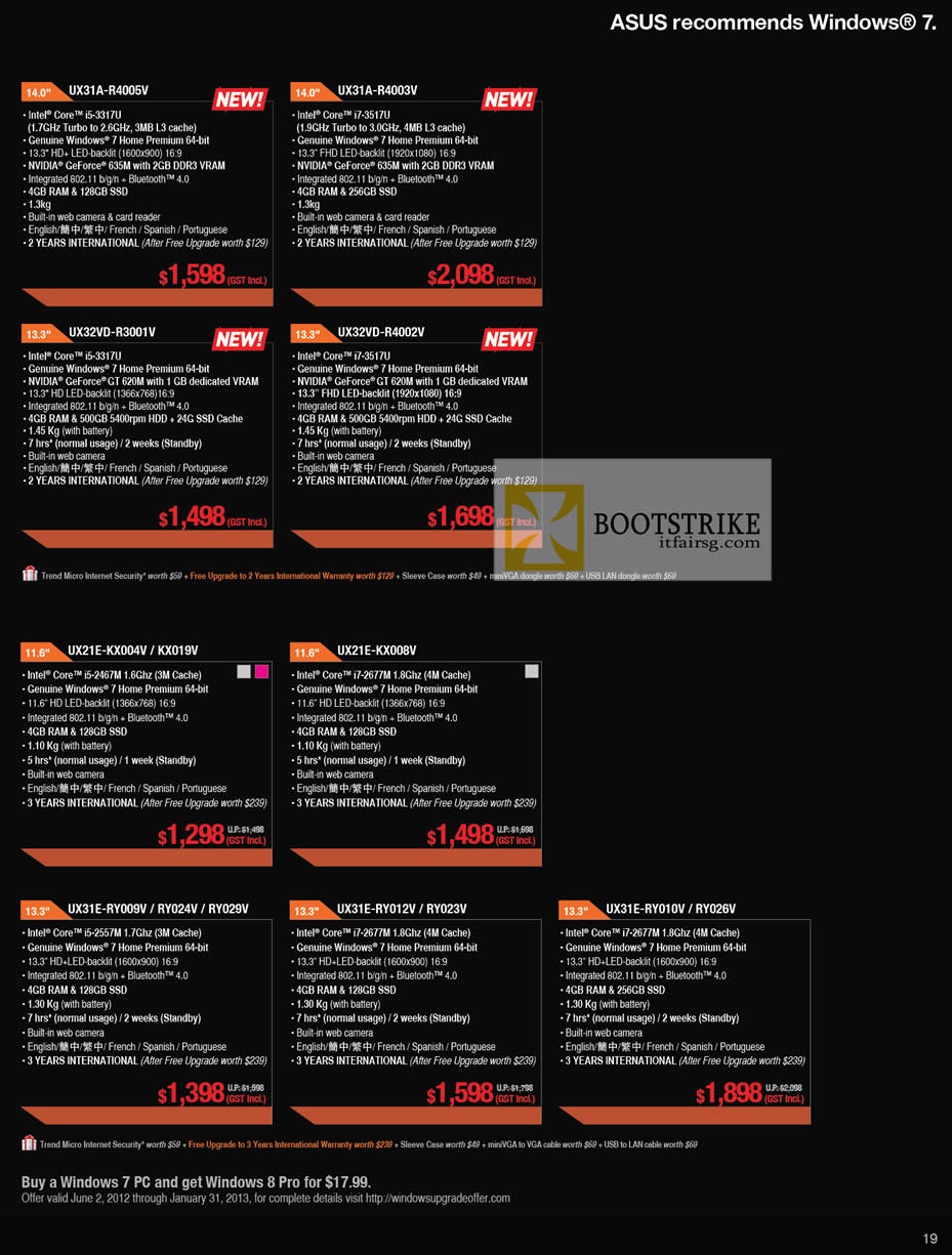 COMEX 2012 price list image brochure of ASUS Notebooks UX31A R4005V 4003V, UX32VD R3001V R4002V, UX21E KX004V KX019V KX008V, UX31E R70009V RY024V RY029V RY012V RY023V RY010V RY026V