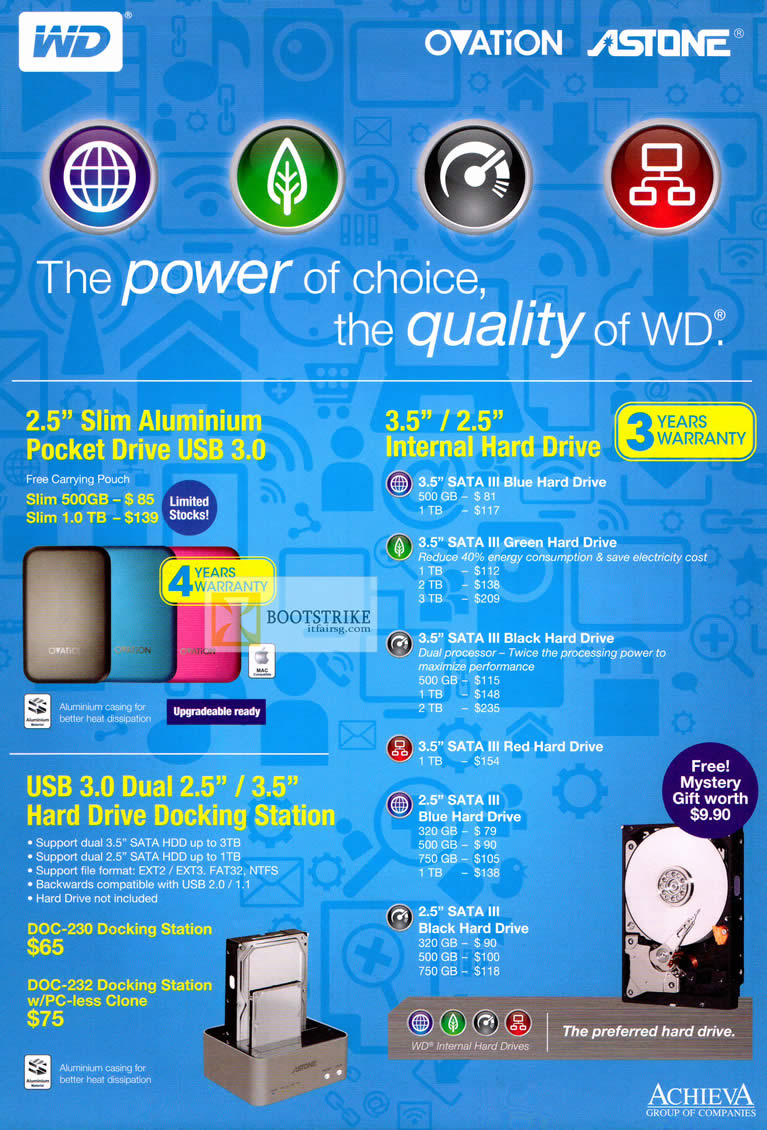 COMEX 2012 price list image brochure of Achieva External Storage Western Digital WD Ovation Astone Slim Aluminum Pocket Drive, Internal Hard Disk, Docking Station