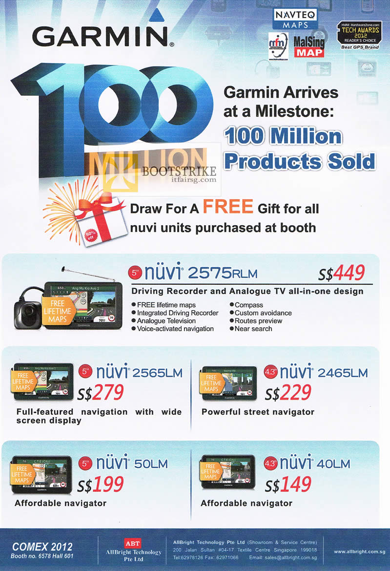 COMEX 2012 price list image brochure of Allbright Garmin GPS Navigator Nuvi 2575RLM Driving Recorder, 2565LM, 2465LM, 50LM, 40LM