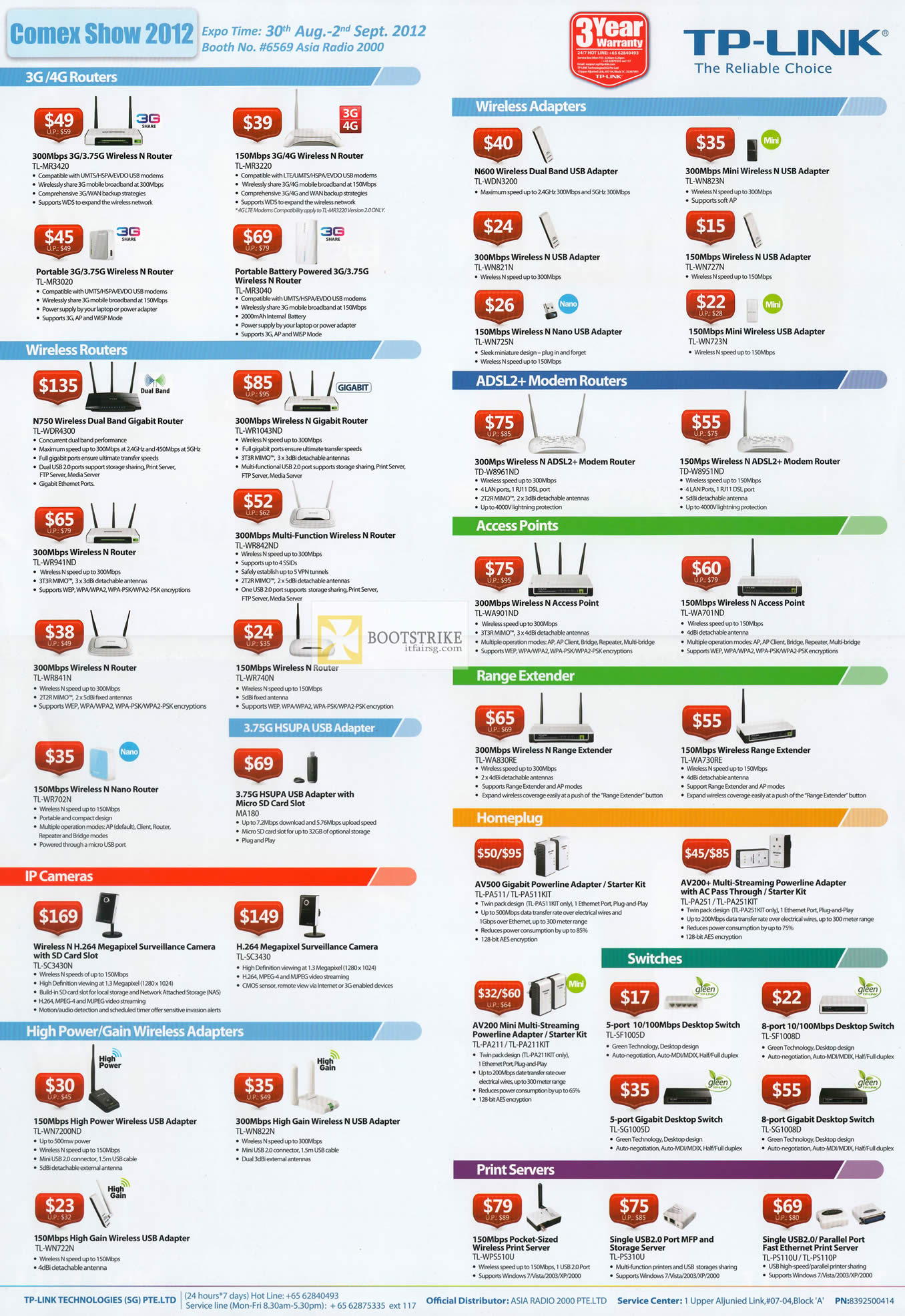 COMEX 2012 price list image brochure of Asia Radio TP-Link Networking 3G Routers, 4G Routers, Wireless USB Adapter, ADSL, Access Points, Range Extender, Homeplug, IPCam, Print Server