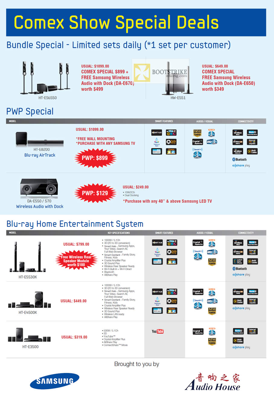 COMEX 2012 price list image brochure of Audio House Samsung Wireless Audio HT-ES6550, HW-E551, Blu-ray Air Track HT-E8200, DA-E550, DA-E570, Home Entertainment System, HT-E3500