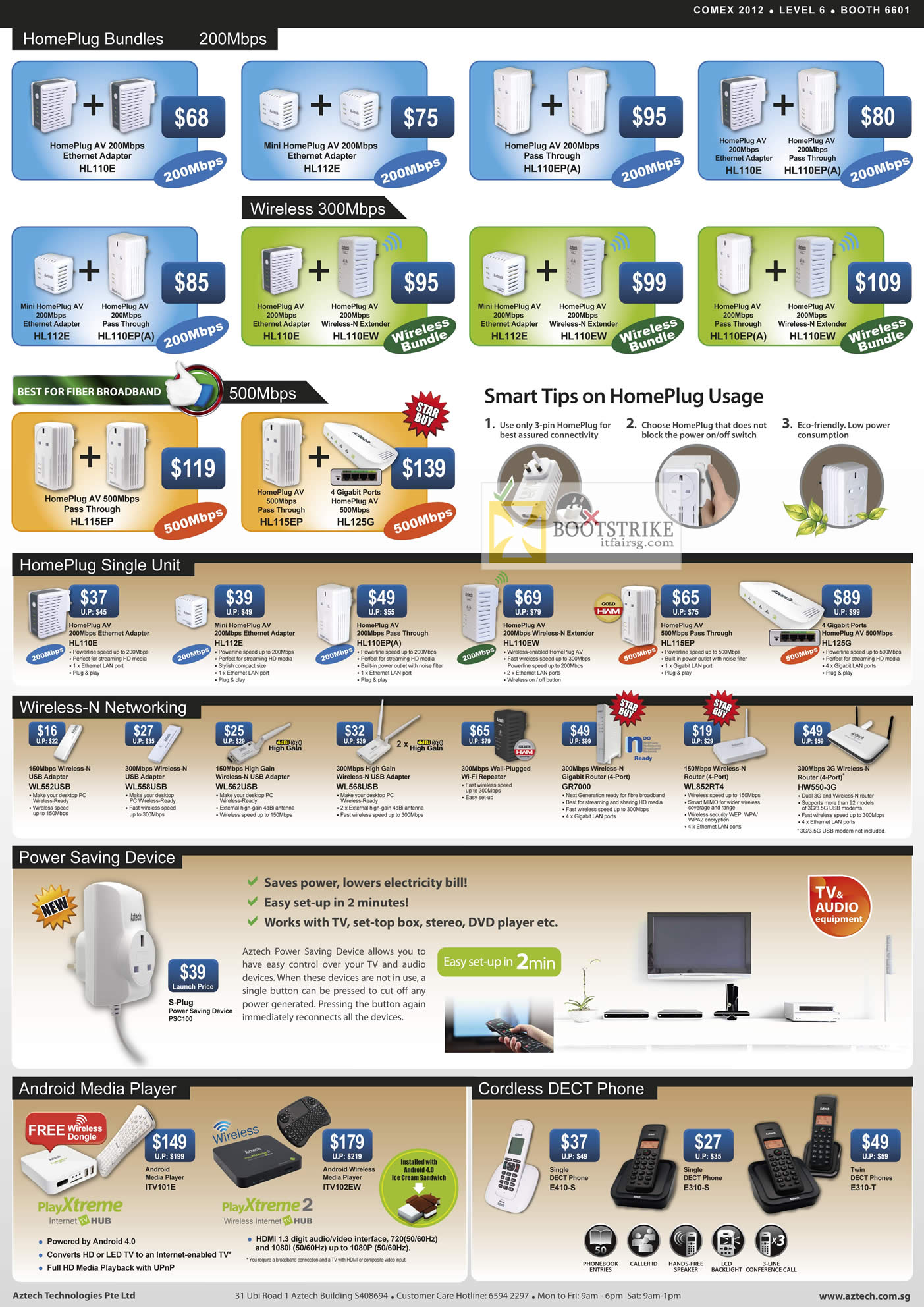 COMEX 2012 price list image brochure of Aztech Networking HomePlug HL110E HL112E HL110EW HL110EP HL110EW HL115EP HL125G, Wireless USB Adapters, S-Plug PSC100, Media Player PlayXtreme, DECT Phone