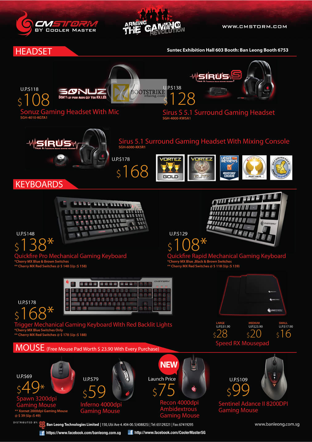 COMEX 2012 price list image brochure of Ban Leong CMStorm Cooler Master Headset Sonuz, Sirus S 5.1, Keyboard Quickfire Pro, Rapid, Trigger Mechanical, Mouse Spawn, Inferno, Recon Ambidextrous, Sentinel Advance II