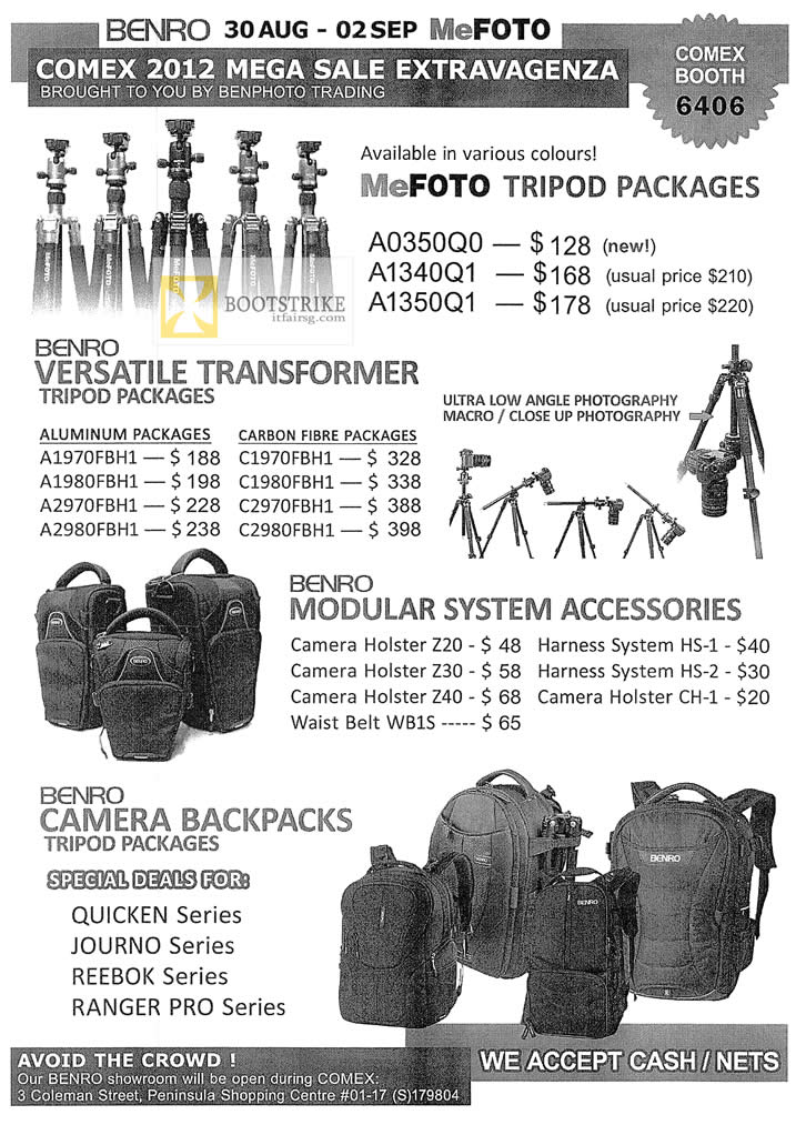 COMEX 2012 price list image brochure of Ben Photo MeFoto Tripod Packages, Versatile Transformer, Modular System Accessories, Camera Backpacks