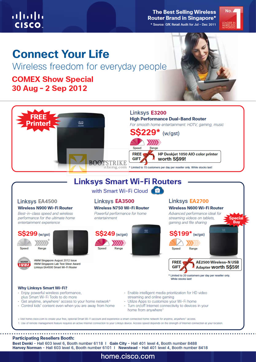 COMEX 2012 price list image brochure of Cisco Linksys E3200 Router, Smart WiFi Routers EA4500, EA3500, EA2700