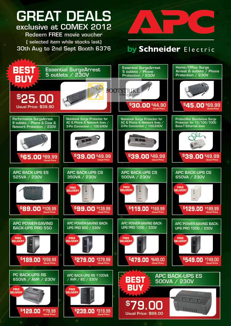 COMEX 2012 price list image brochure of Convergent APC Schneider Electric Essential SurgeArrest Power, ProtectNet, UPS, Back-ups