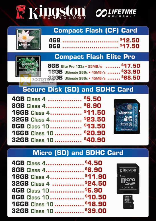 COMEX 2012 price list image brochure of Convergent Kingston Flash Memory Cards CompactFlash CF, Elite Pro, SD, SDHC, MicroSD, SDHC