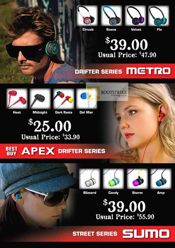 COMEX 2012 price list image brochure of Convergent Metro Headsets, Apex Drifter Series, Street Series Sumo