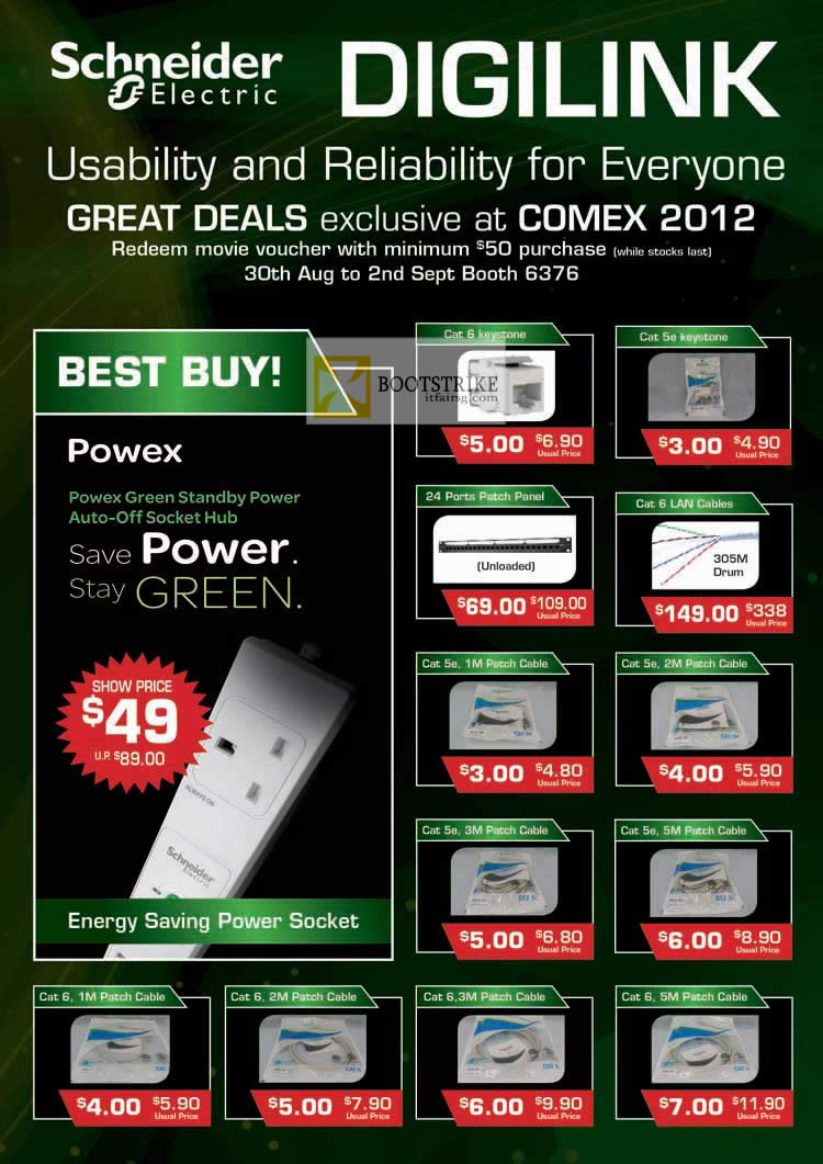 COMEX 2012 price list image brochure of Convergent Schneider Electric Digilink Power Socket, Keystone, LAN Cables