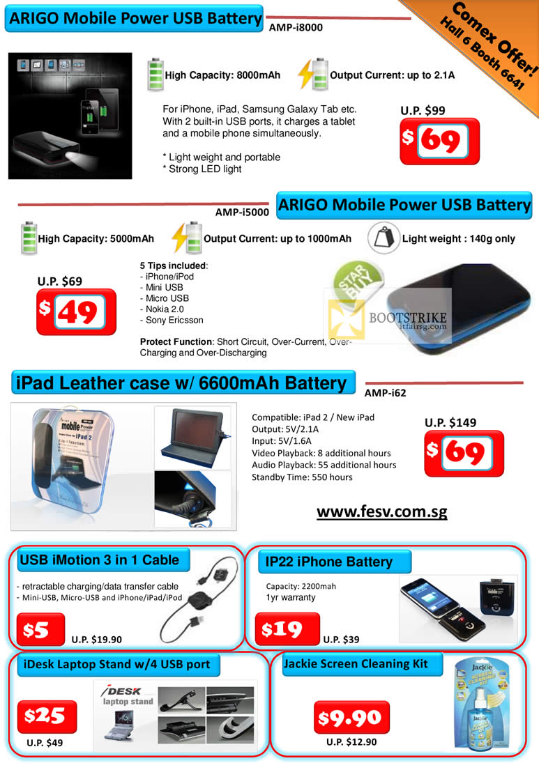 COMEX 2012 price list image brochure of Corbell Arigo Mobile Power USB Battery AMP-i8000, AMP-i5000, IPad Case AMP-i62, Cable, Battery