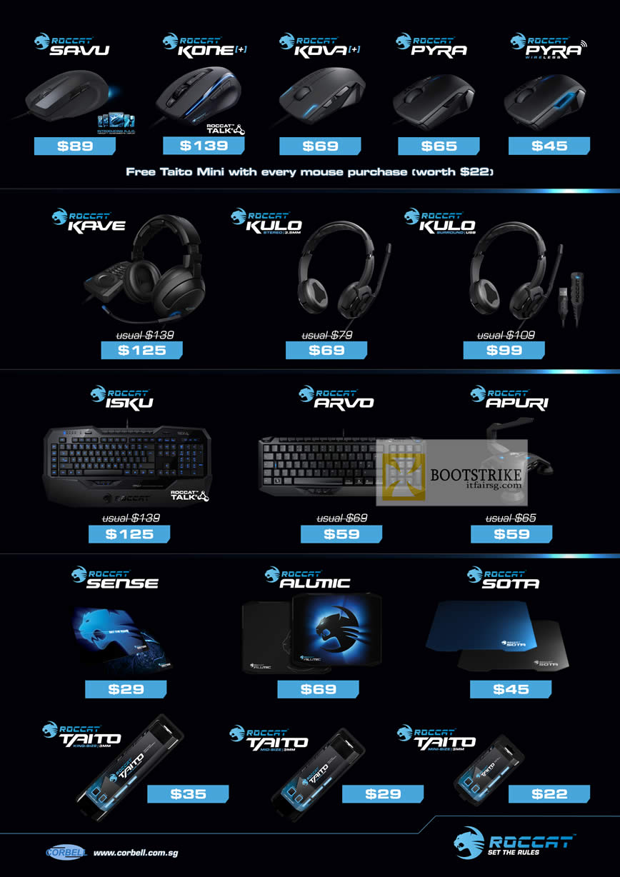 COMEX 2012 price list image brochure of Corbell Roccat Mouse Savu Kone Kova Plus Pyra, Headphone Kave Kulo, Keyboard Isku Arvo Apuri, Sense, Alumic, Sota, Taito