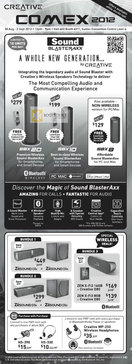 COMEX 2012 price list image brochure of Creative Sound Blaster Speakers Axx SBX 20, SBX 10, SBX 8, Wireless Bundles, Purchase With Purchase