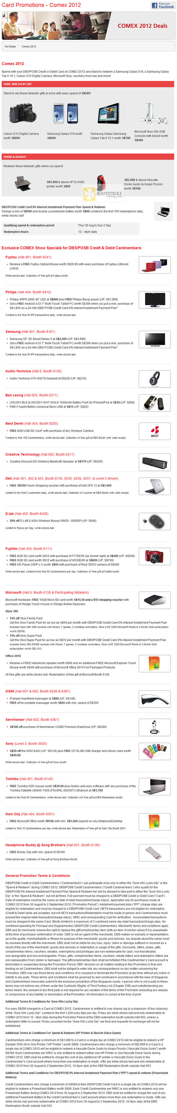 COMEX 2012 price list image brochure of DBS POSB Credit Debit Card Sure Win Lucky Dip, Spend And Redeem, Specials Microsoft, Sennheiser, Sony, Fujifilm, Samsung