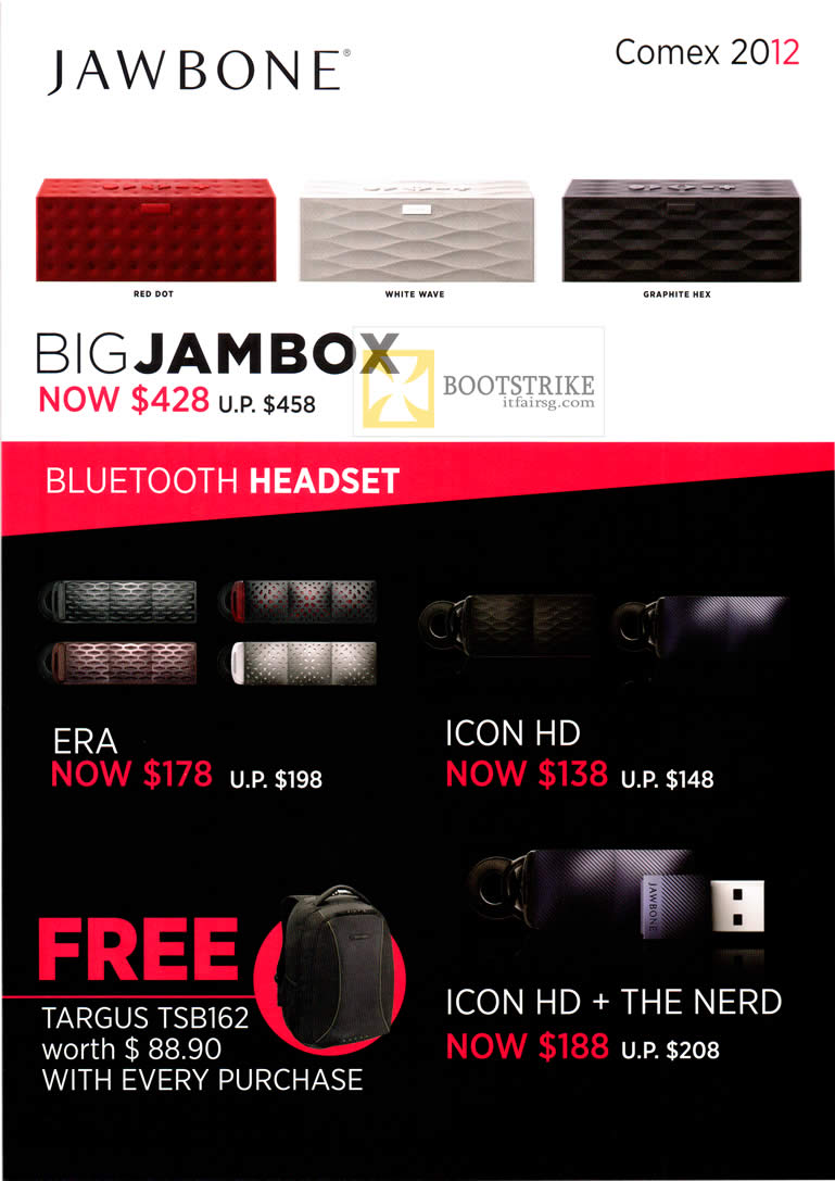 COMEX 2012 price list image brochure of Digital Hub Jawbone Big Jambox, Bluetooth Headset, ERA, Icon HD, The Nerd