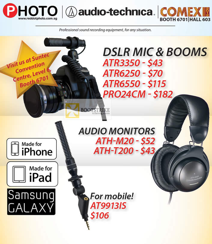 COMEX 2012 price list image brochure of Eastgear Red Dot DSLR Mic Booms ATR3350, ATR6250, ATR6550, PRO24CM, Audio Monitor ATH-M20, ATH-T200, AT9913IS