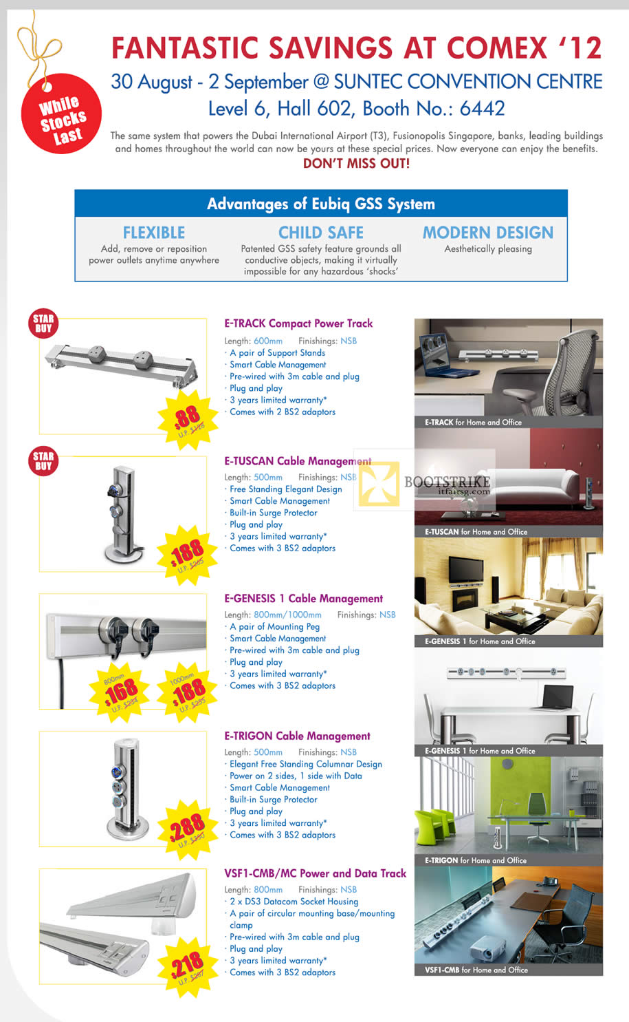 COMEX 2012 price list image brochure of Eubiq GSS Flexible Power Outlet System E-Track, E-Tuscan, E-Trigon, Cable Management, Features