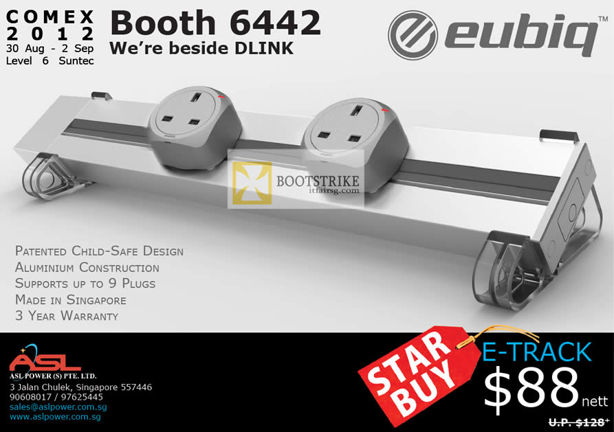 COMEX 2012 price list image brochure of Eubiq GSS Flexible Power Outlet System E-Track, Features