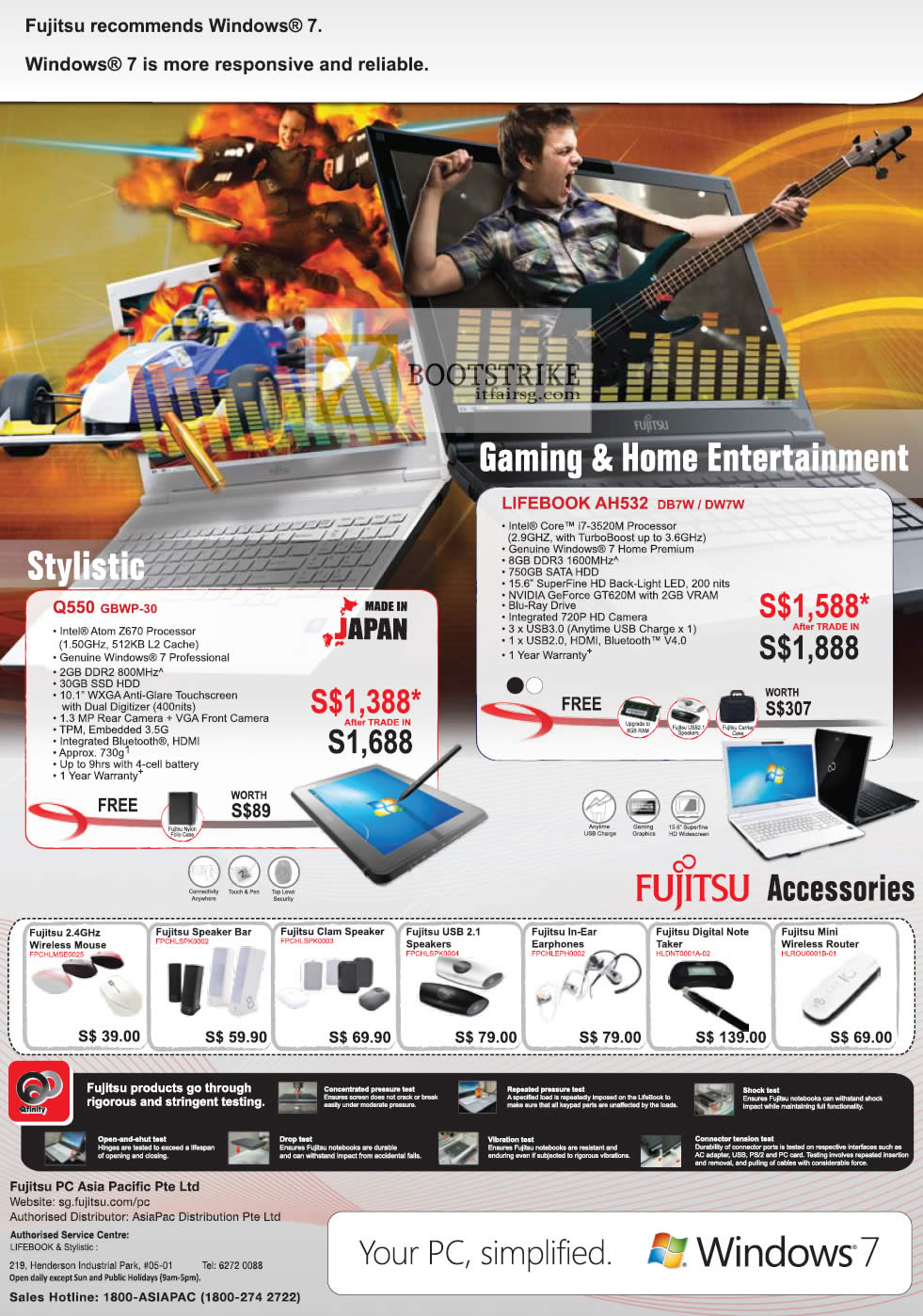 COMEX 2012 price list image brochure of Fujitsu Notebooks Lifebook Q550 GBWP-30, AH532 DB7W DW7W, Accessories Mouse, Speakers, Earphones, Router