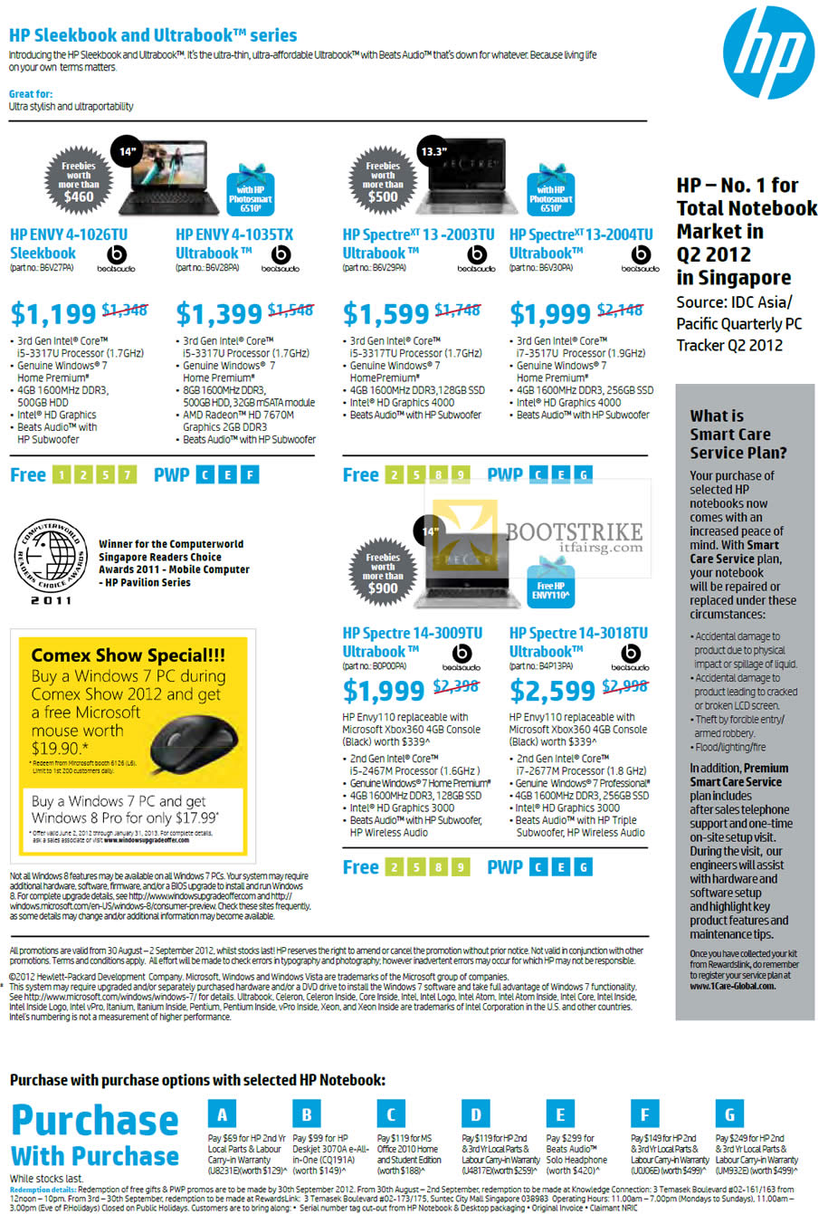 COMEX 2012 price list image brochure of HP Notebooks Envy 4-1026TU Sleekbook, 1035TX Ultrabook, Spectre XT 13-2003TU 2004TU, 14-3009TU 3018TU