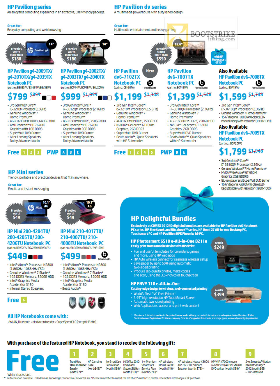 COMEX 2012 price list image brochure of HP Notebooks Pavilion G4 2009TX 2010TX 2039TX 2002TX 2003TX 2040TX, Dv6 7102TX 7007TX 7008TX 7009TX, Mini 200-4204TU 4205TU 4206TU, 210 4017TU 4007TU 4008TU