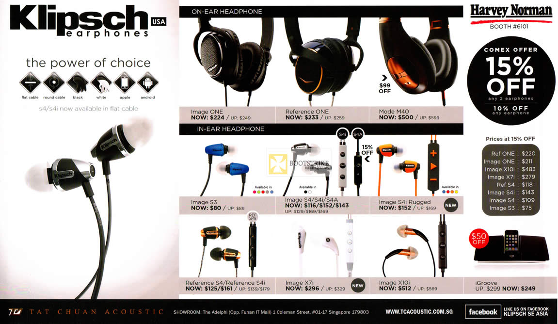 COMEX 2012 price list image brochure of Harvey Norman Klipsch Earphones Image One, Reference, Mode M40, Image S3 S4 S4i S4A Rugged X7i X10i, Reference S4 S4i, IGroove