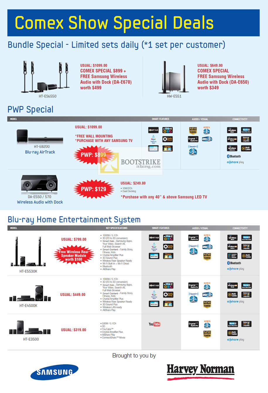 COMEX 2012 price list image brochure of Harvey Norman Samsung Wireless Audio HT-ES6550, HW-E551, Blu-ray Aair Track HT-E8200, Home Entertainment System, HT-E5530K, HT-E4500K, HT-E3500