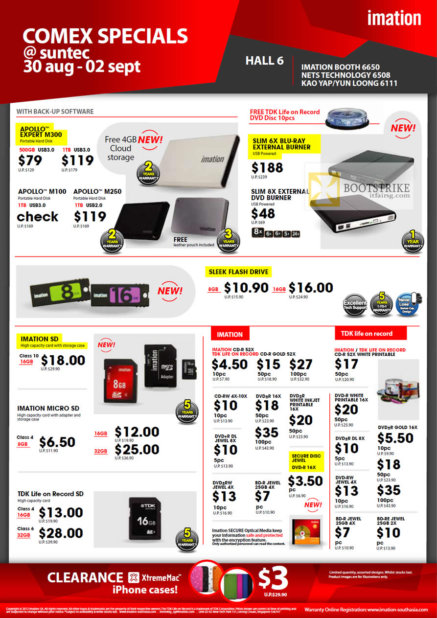 COMEX 2012 price list image brochure of Imation External Storage Apollo Expert M300, M100, M250, External Optical Drive Blu-Ray, Sleek Flash Drive, SDHC, MicroSD, CD-R, DVD-R, RW